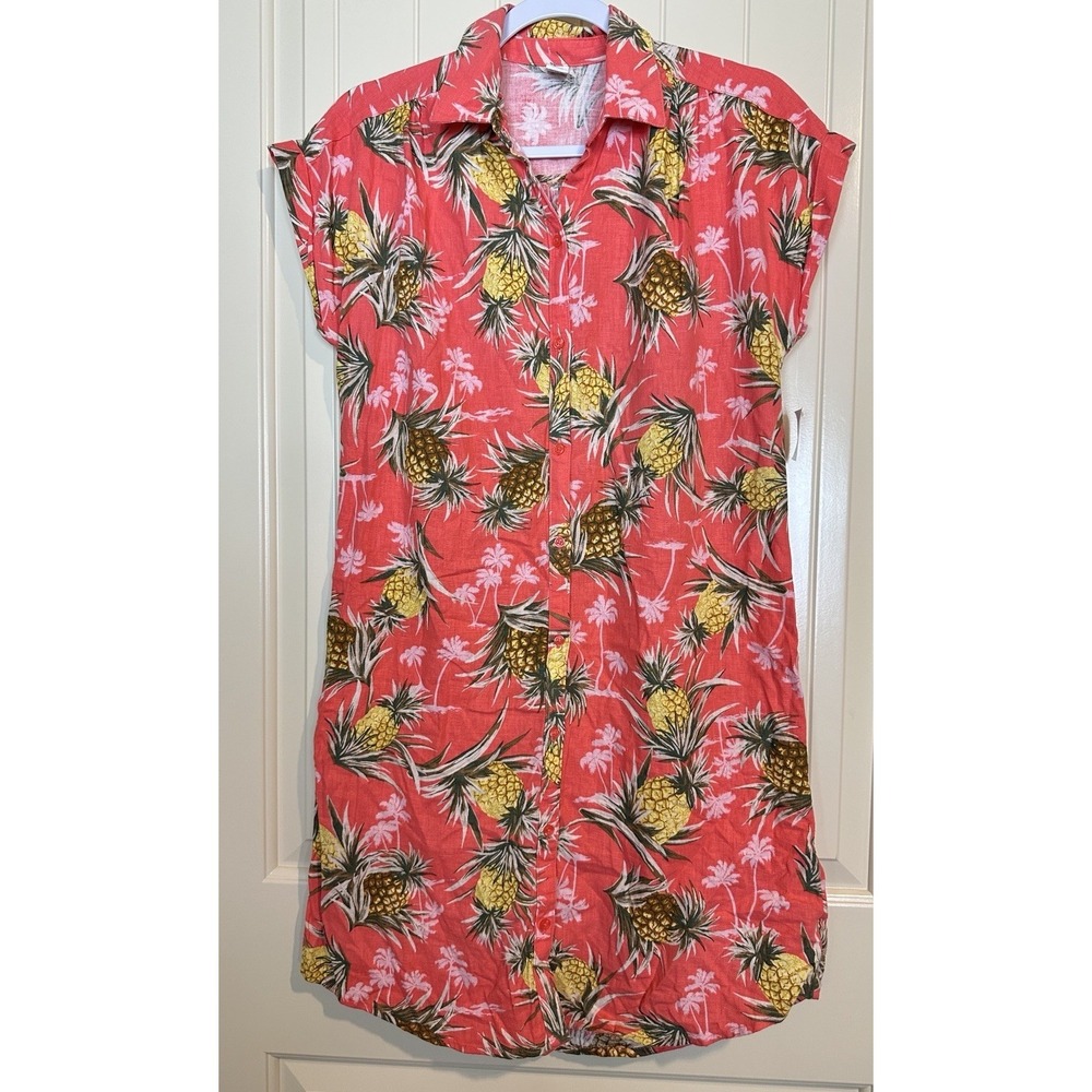 New Old Navy linen viscose Pineapple Shift Shirt dress sz small tropical beach